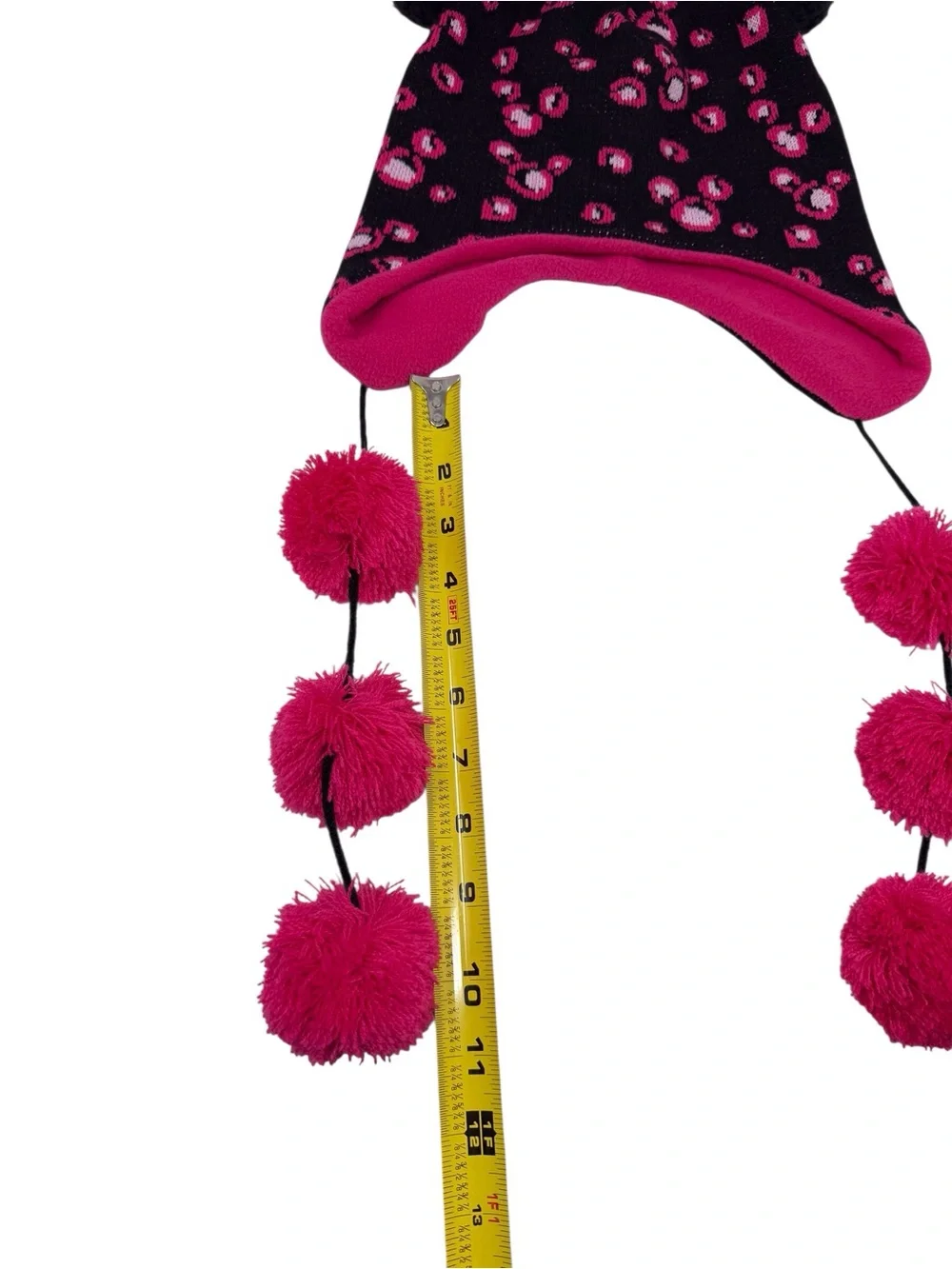 Disney Parks Black & Pink Dangling Pom Pom Beanie W/ear Flaps EUC